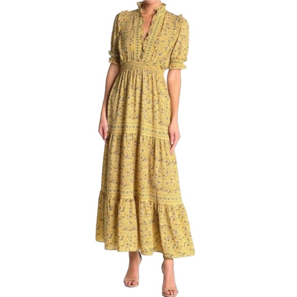 Max Studio Dresses & Skirts - Max Studio Flowy Ruffle Collar Tiered Yellow Floral Maxi Dress Womens Large NWOT
